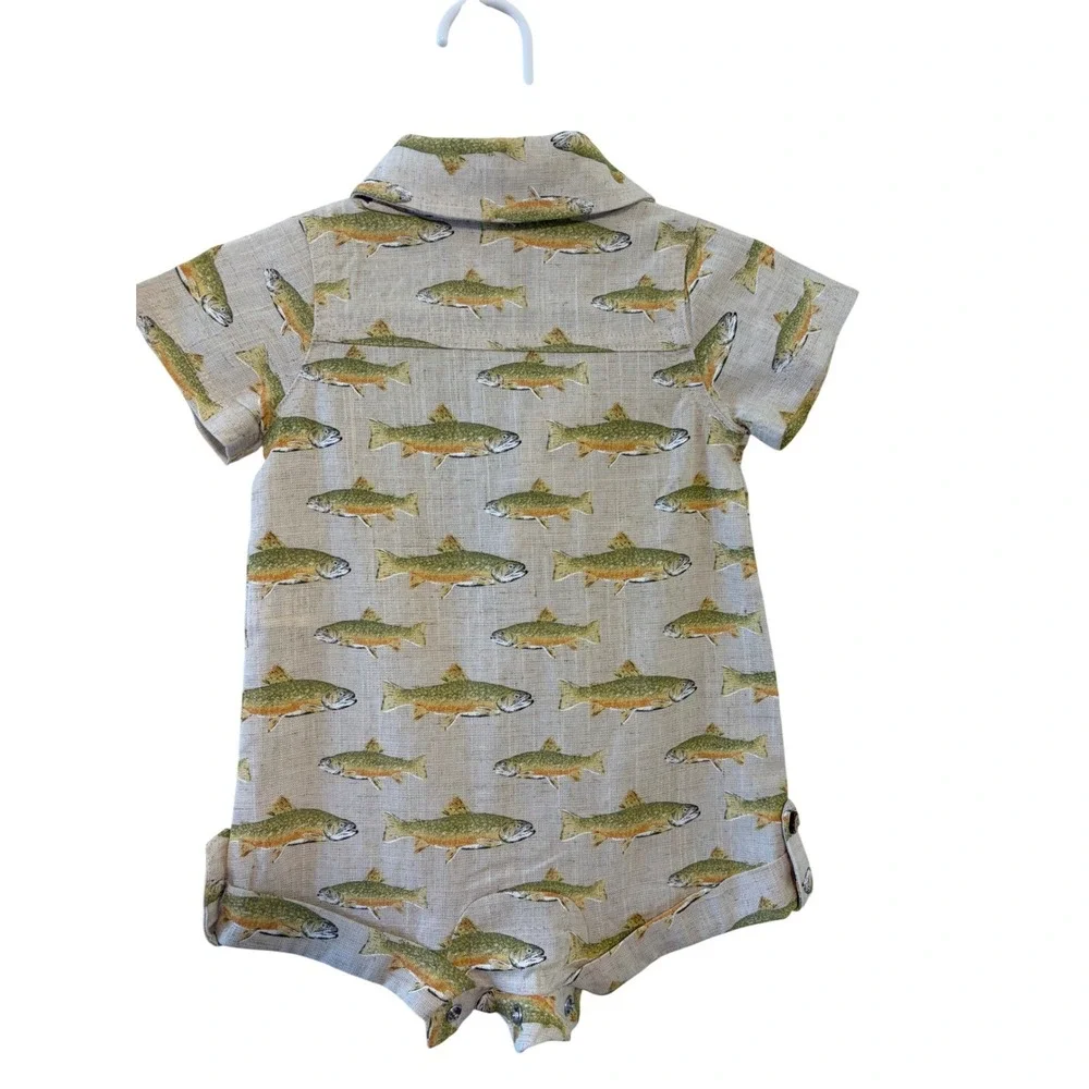 Mud Pie Baby Boy Trout Fish Print Linen Blend Romper Beige Short Sleeve 3-6M